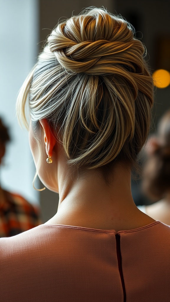A stylish pinned back hairstyle for formal occasions, featuring a twisted and secured design with soft waves.