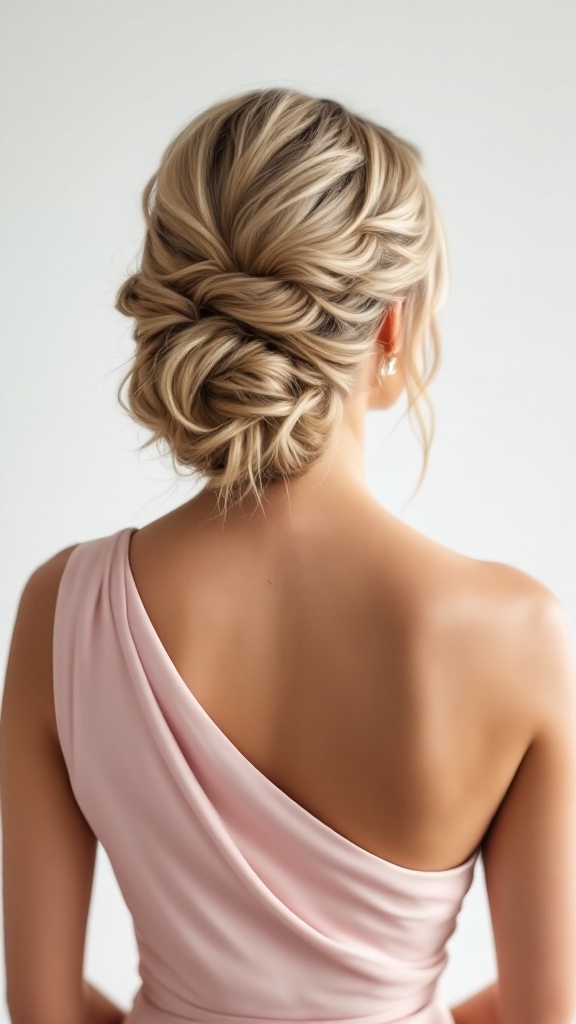 A bridesmaid hairstyle featuring pinned back waves, complementing a one shoulder dress.