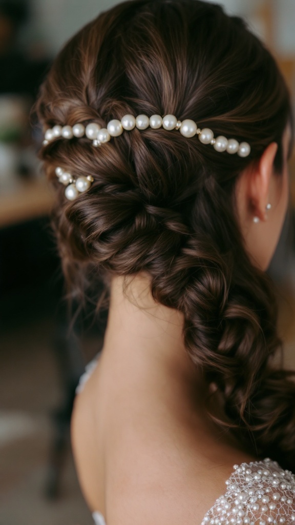 A hairstyle featuring pinned back waves adorned with pearl details