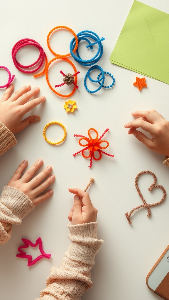Colorful pipe cleaners and handmade crafts on a table, with children's hands working on decorations.