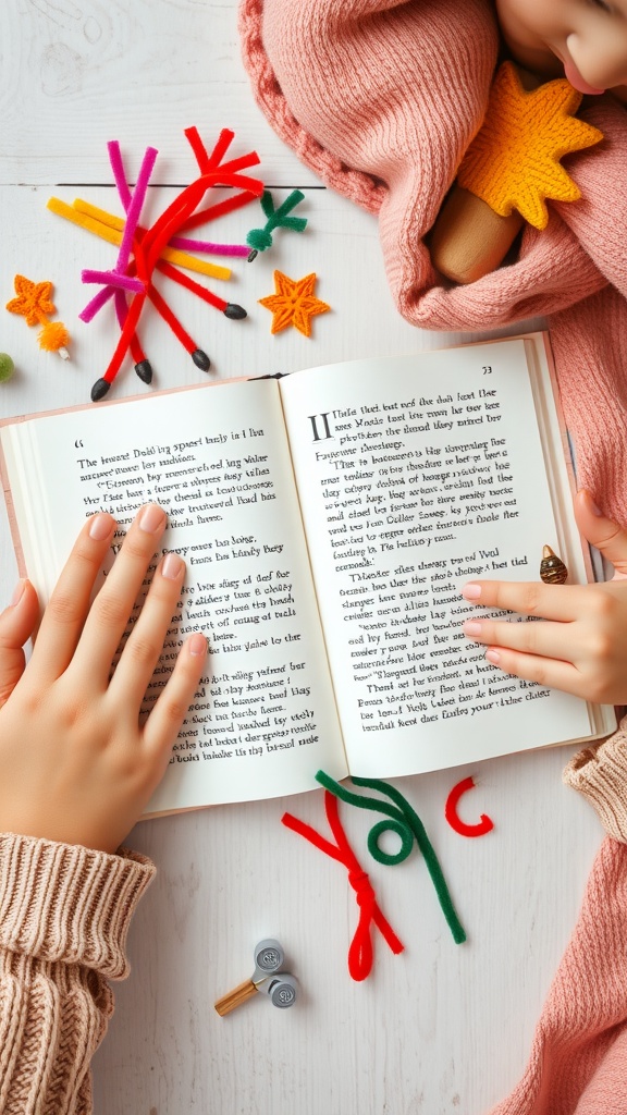 Colorful pipe cleaners arranged around an open book, with hands creating unique bookmark shapes.
