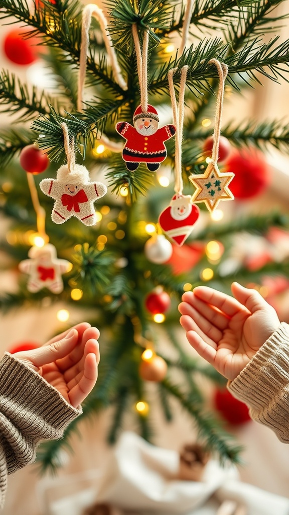 Hands reaching for colorful pipe cleaner Christmas ornaments on a decorated tree