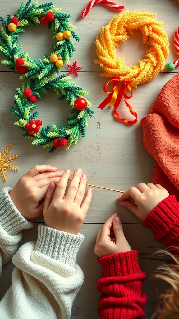 Hands working on colorful pipe cleaner holiday decorations with wreaths.
