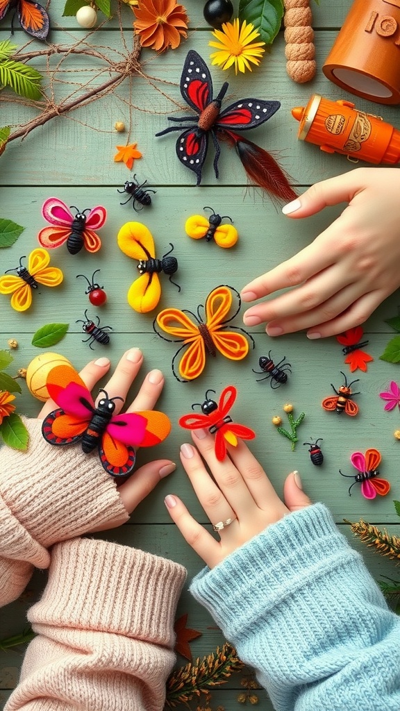 Colorful pipe cleaner insects and bugs crafted by hands, showcasing creativity.