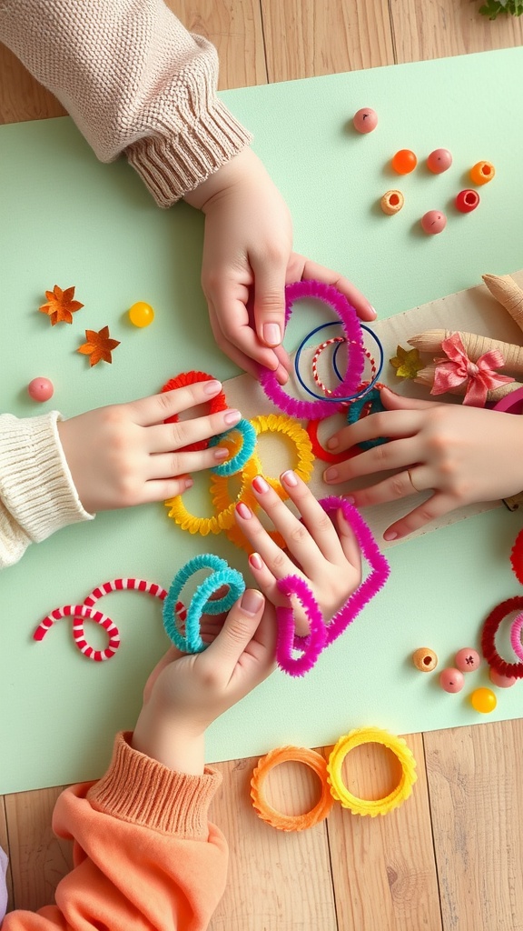 Kids making colorful jewelry from pipe cleaners and beads