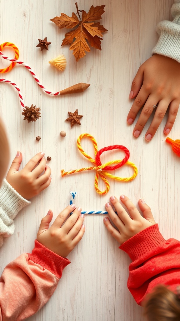 Children's hands working with colorful pipe cleaners and natural materials on a light wooden table.