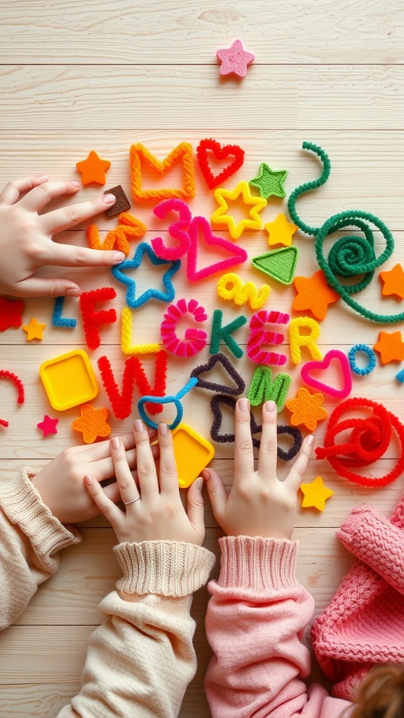Colorful pipe cleaner shapes and designs with children's hands reaching out.