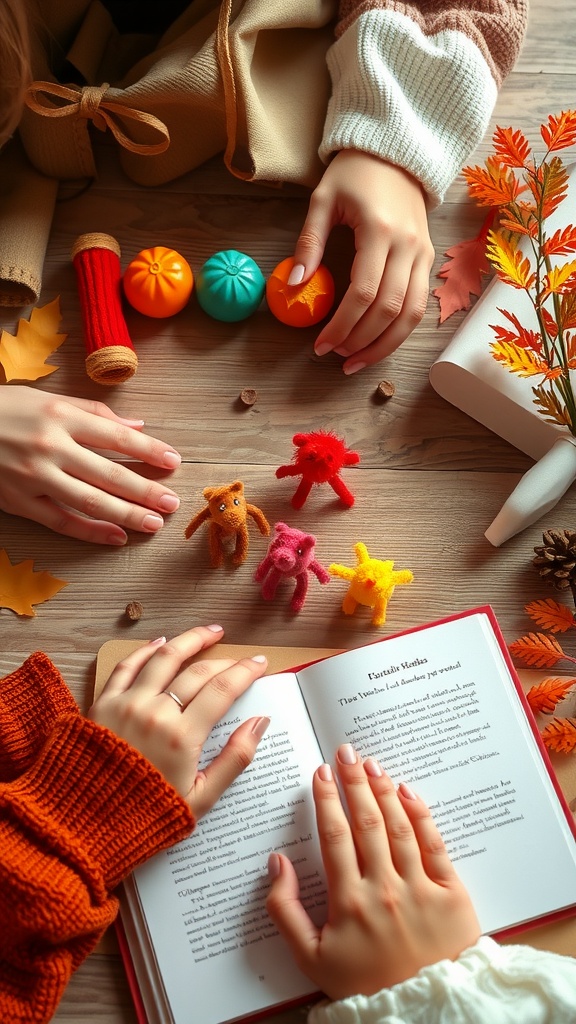 Children's hands creating pipe cleaner storytelling figures with colorful materials and a book open on the table