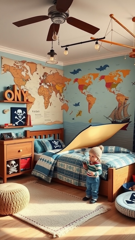 A cozy toddler bedroom designed as a Pirate Treasure Cove, featuring a world map mural, pirate-themed bedding, and playful decor.