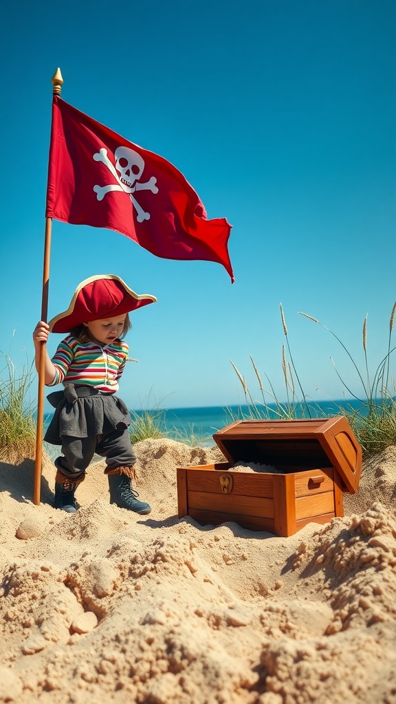 A child dressed as a pirate holding a flag stands next to a treasure chest in the sand at the beach.
