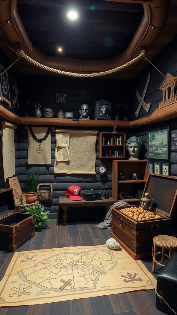 Interior of a pirate-themed escape room with treasure chests, maps, and decorations.