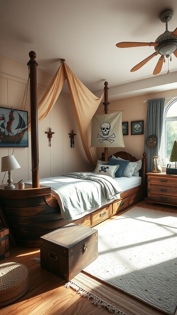 A pirate-themed bedroom featuring a boat-shaped bed, nautical decor, and warm wooden tones.
