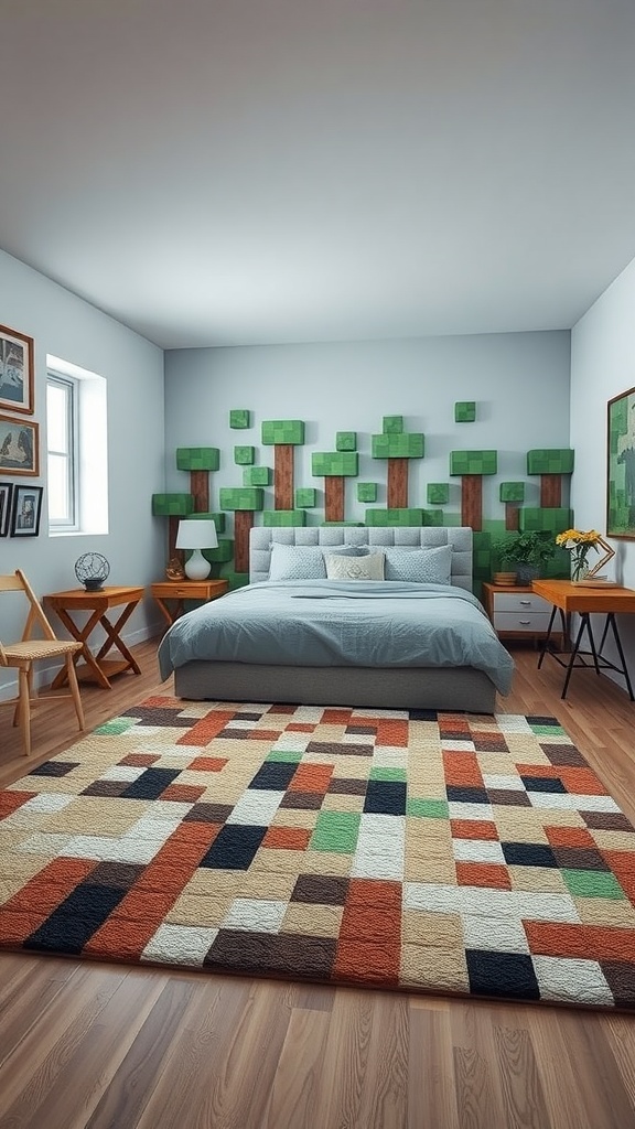 A Minecraft-themed bedroom featuring a colorful pixelated rug, wooden accents, and green wall decorations.
