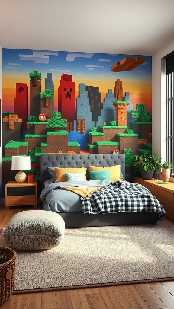 A Minecraft-themed bedroom featuring a pixelated wall mural with mountains, trees, and water, complemented by a cozy bed and simple furniture.