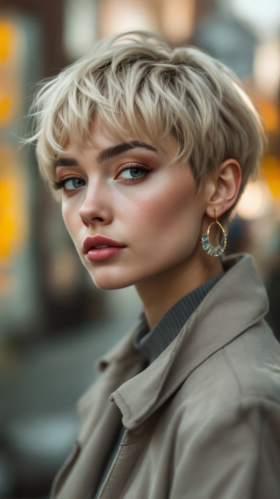 A woman with a stylish blonde pixie cut and bangs, wearing a beige coat and earrings.