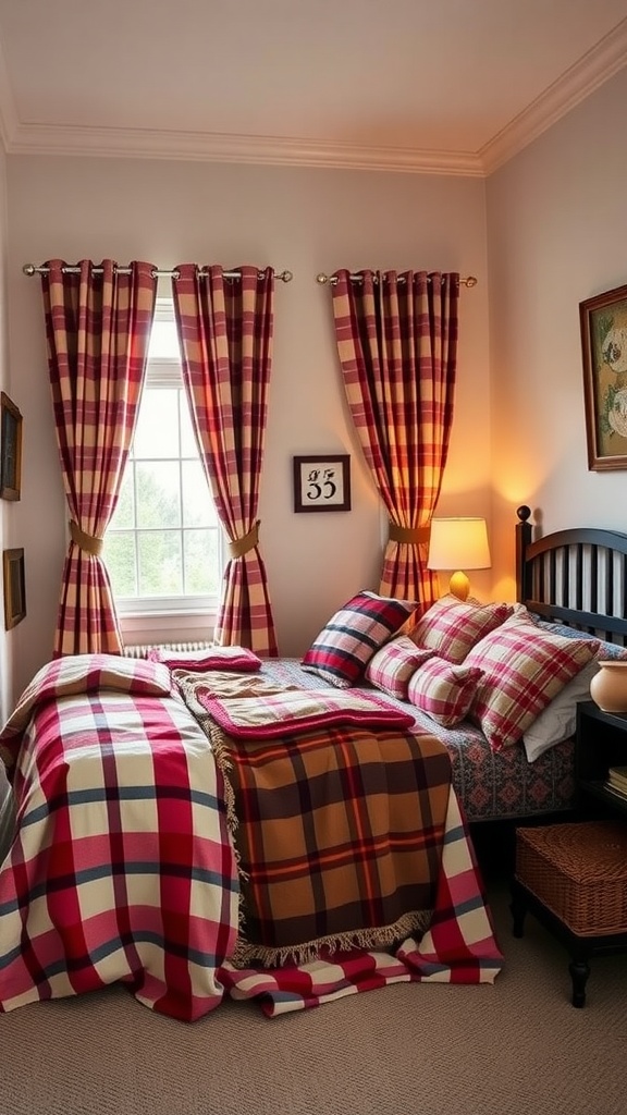 A cozy bedroom featuring plaid curtains, bedding, and cushions, creating a warm and inviting atmosphere.