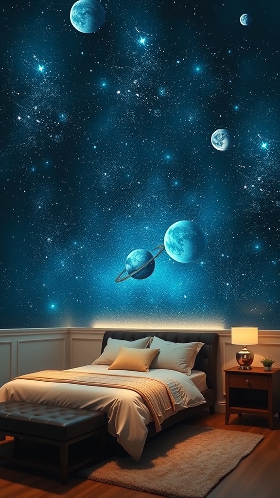 A bedroom with a planetarium ceiling featuring planets and stars, creating a celestial atmosphere.