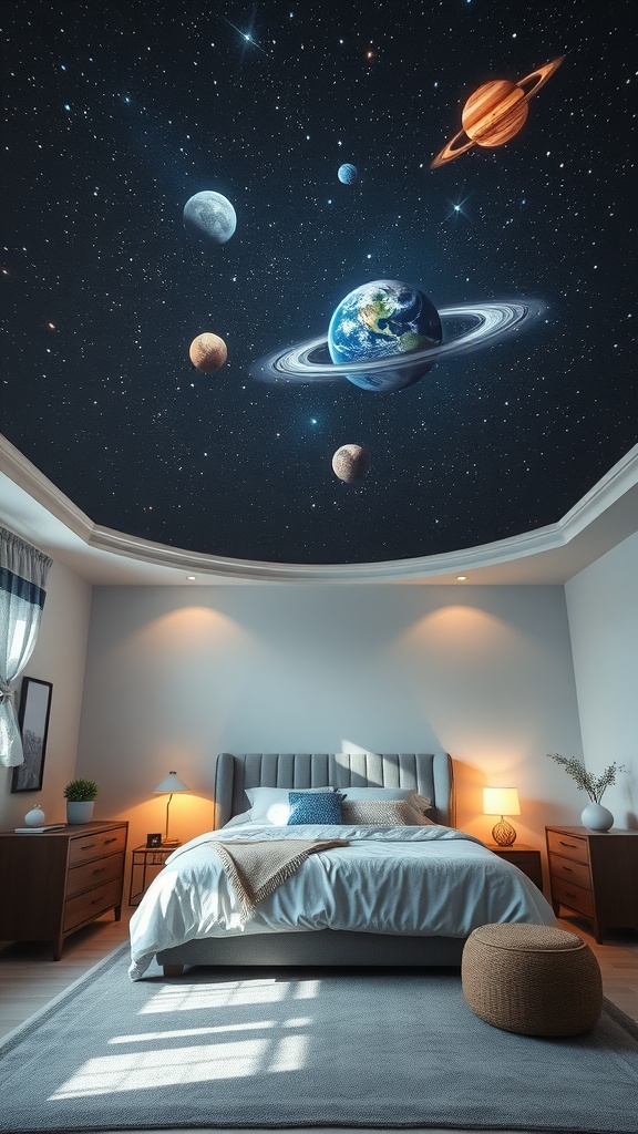 A bedroom with a planetarium ceiling featuring planets and stars, creating a cosmic atmosphere.