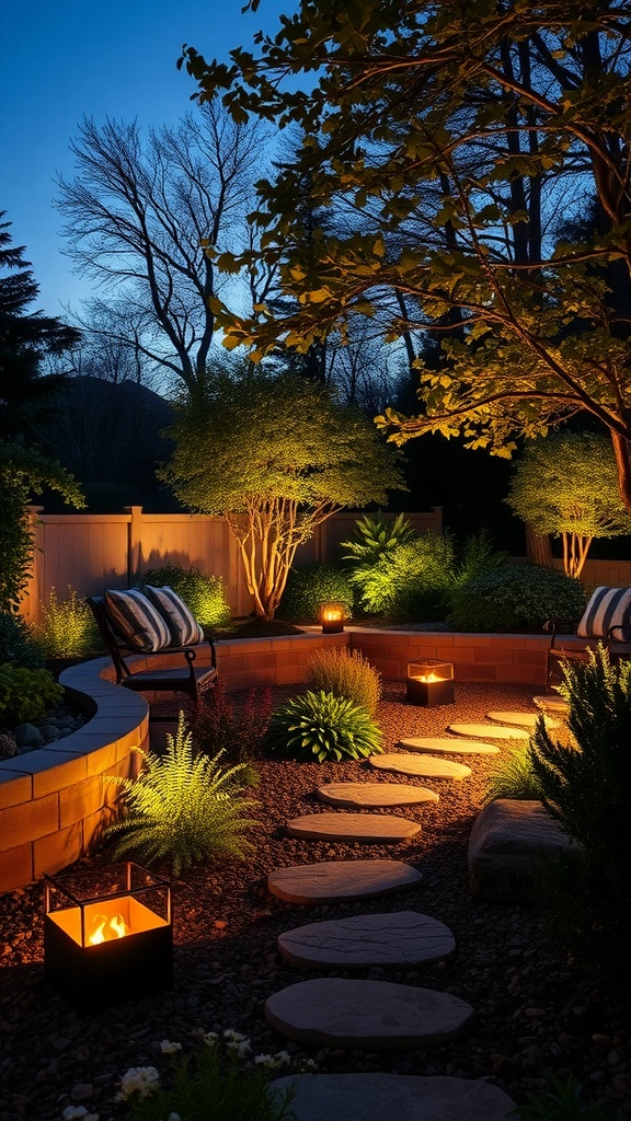 A beautifully lit backyard featuring a cozy seating area, illuminated pathway, and lush greenery at dusk.