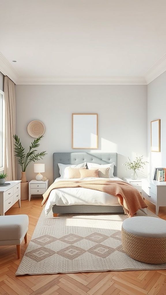 A cozy bedroom featuring a bed, nightstands, a dresser, and a comfortable seating area, with natural light illuminating the space.