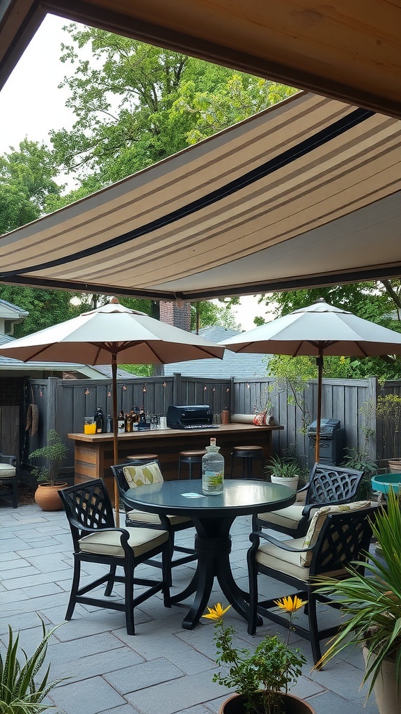 A stylish backyard bar area with umbrellas and seating, ready for gatherings.