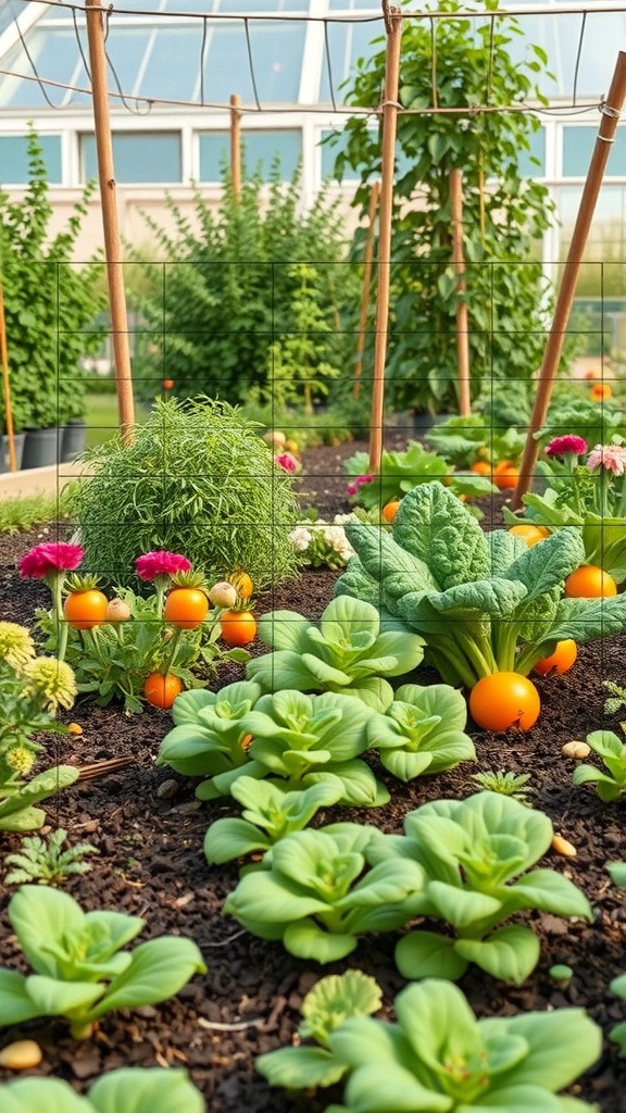 A colorful garden with green leafy vegetables and vibrant flowers.