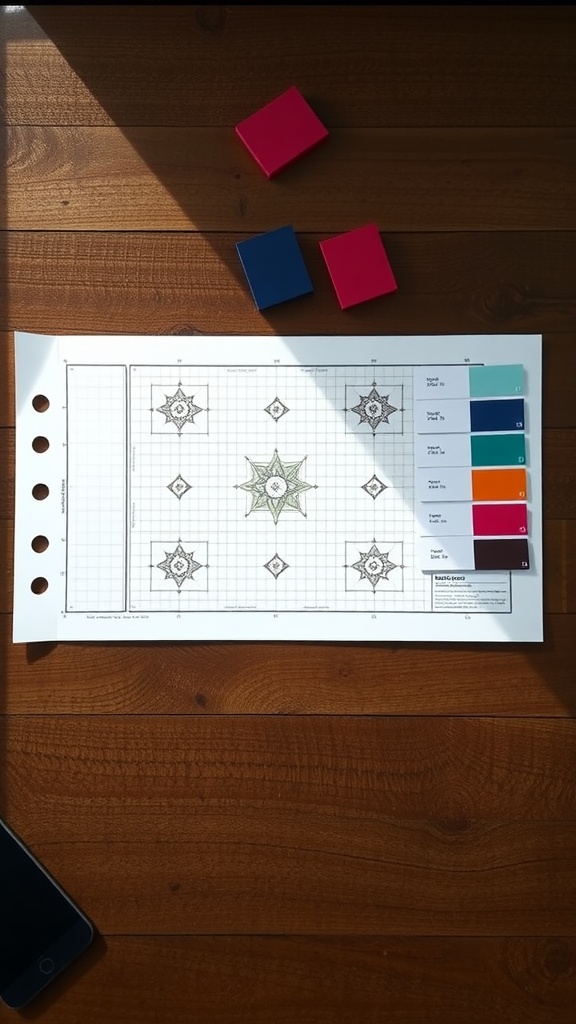 A layout plan for peel and stick floor tiles with color samples and design sketches on a wooden table.