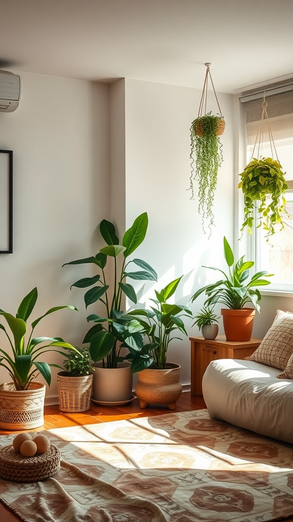 A cozy bedroom corner filled with various indoor plants, including hanging and potted plants, creating a fresh and inviting atmosphere.