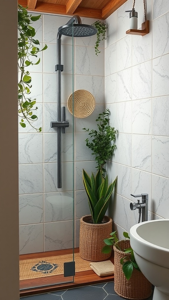 A rustic walk-in shower featuring greenery and natural materials.