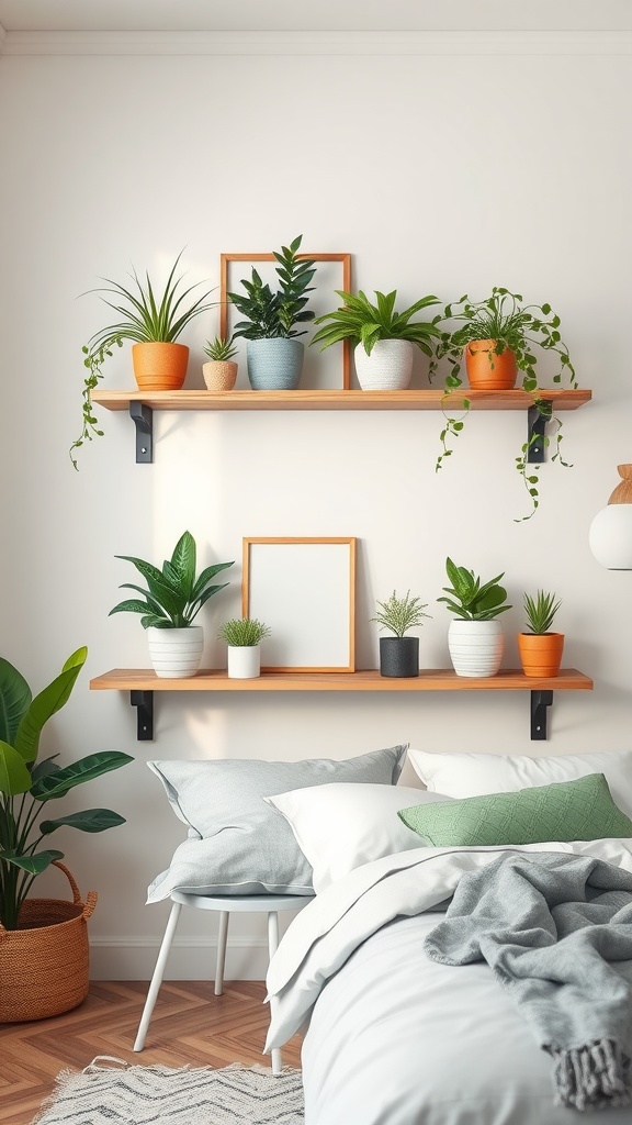 A neutral aesthetic bedroom featuring a wooden shelf filled with a variety of potted plants, creating a lively and calming atmosphere.