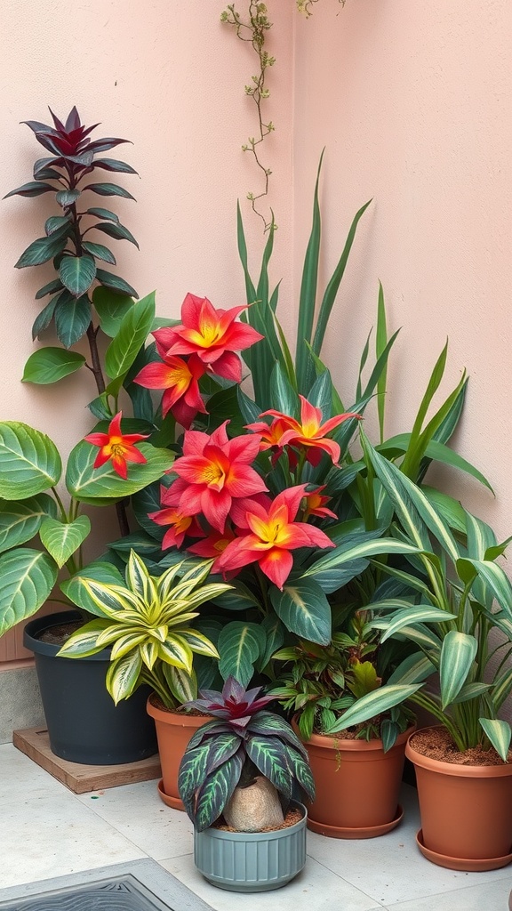 A vibrant display of various house plants grouped together, featuring bright red flowers and lush green foliage against a soft pink wall.