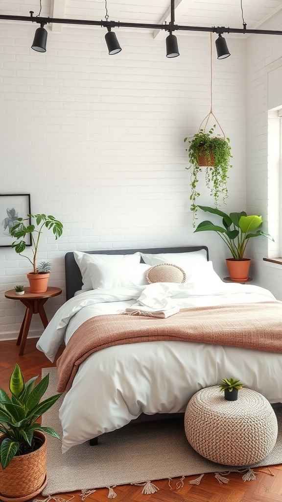 A stylish industrial bedroom featuring various plants and greenery, enhancing the decor.