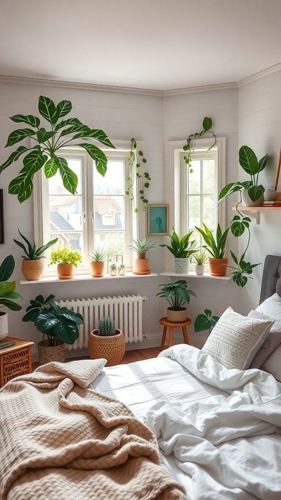 A cozy bedroom filled with various plants, showcasing a fresh atmosphere.