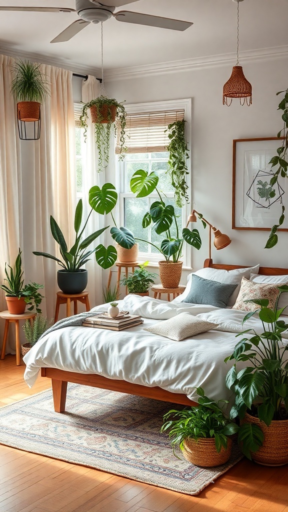 A cozy bedroom filled with various plants, featuring a bed with white linens, wooden furniture, and natural light.
