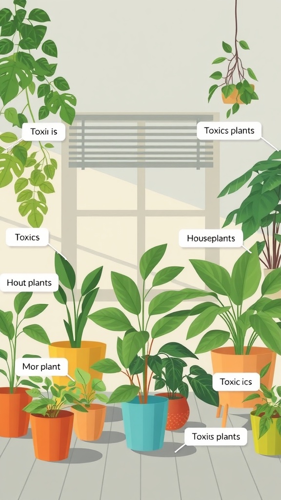 Various houseplants in colorful pots labeled for their ability to remove indoor toxins.