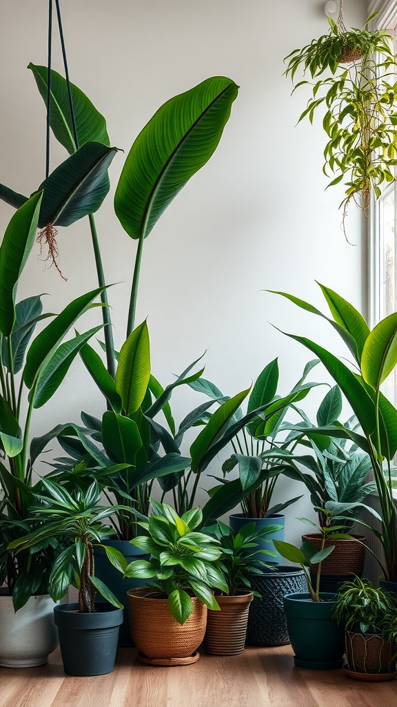 A variety of houseplants thriving in high humidity, showcasing lush green leaves in pots.