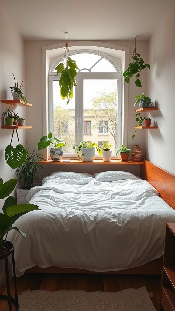 Cozy small bedroom with a king bed and multiple plants around the window