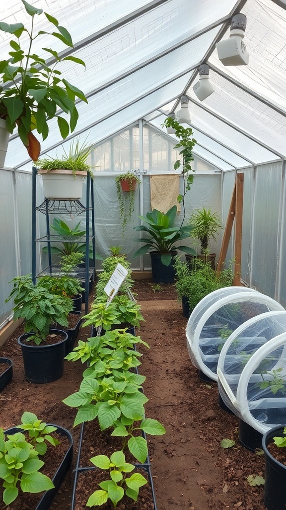 Interior view of a backyard greenhouse with plants in pots and a clear plastic roof.