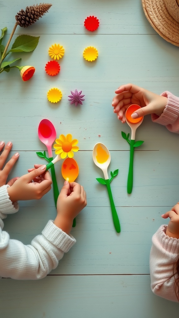 Children creating colorful plastic spoon flowers with craft materials on a table.