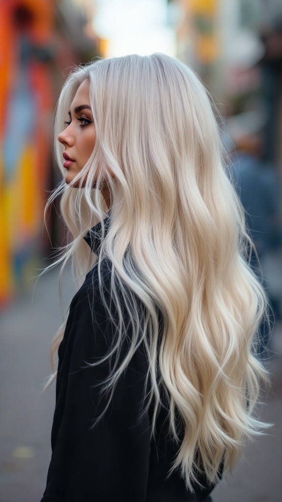 Long wavy hair with platinum blonde ombre style
