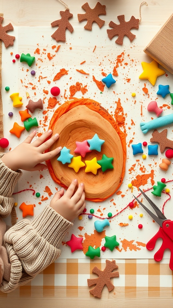 A toddler's hands playing with colorful play-dough and various crafting materials on a table.