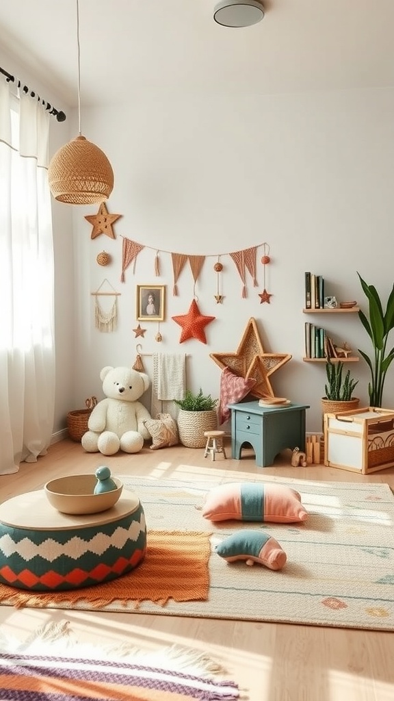 Cozy boho nursery play area with colorful rugs, cushions, and playful wall decor.
