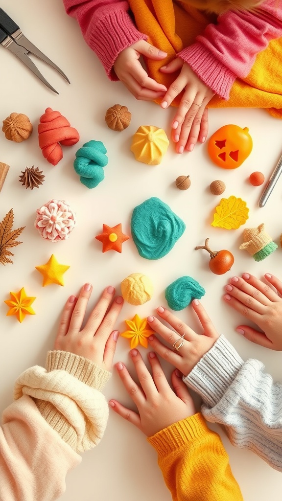 Colorful playdough creations made by toddlers, with hands shaping various figures and designs.