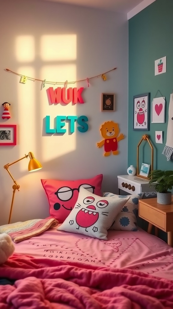 A colorful baddie bedroom with playful accessories including bright pillows, cheerful wall art, and cute decorations.