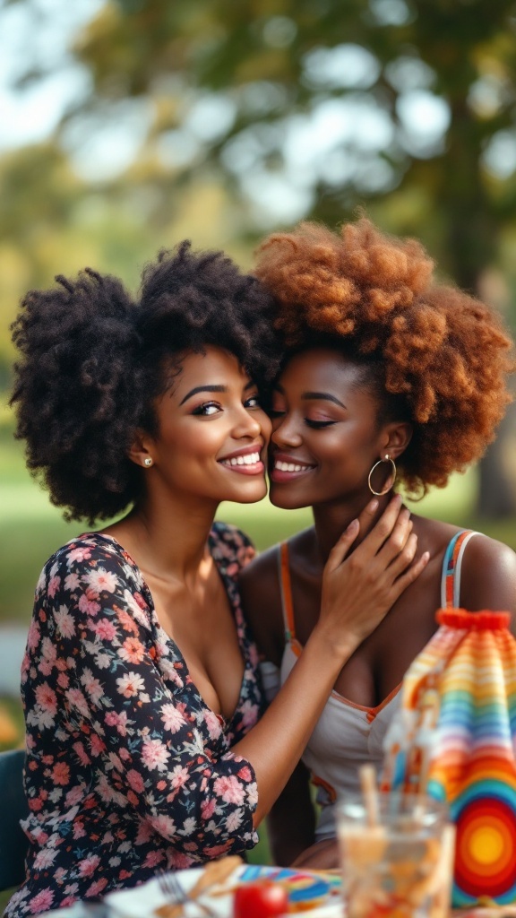 Two women with afro puffs, smiling and enjoying a sunny day outdoors, surrounded by colorful decorations.