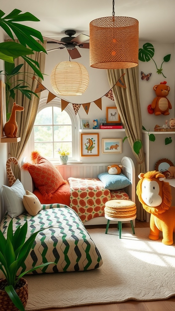 A toddler boy's bedroom decorated with animal themes, featuring two beds, colorful bedding, plush animal toys, and leafy plants.