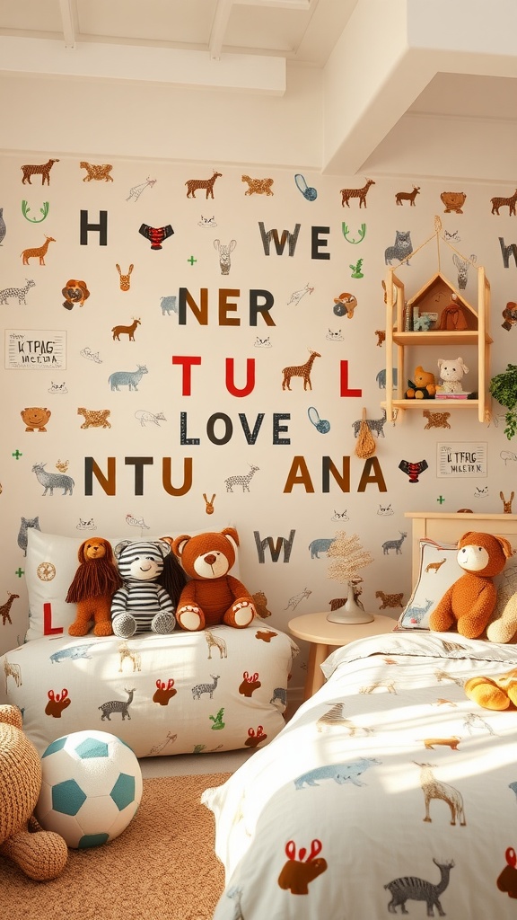 A bright and playful teen girl bedroom featuring animal motifs on the walls, colorful stuffed toys, and cozy bedding.