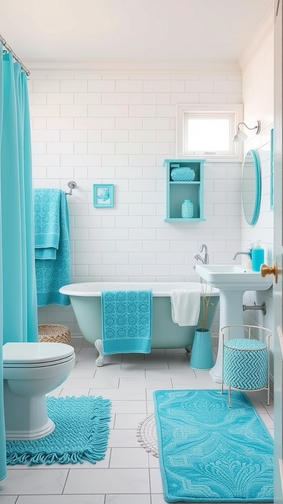 Aqua blue bathroom with matching accessories including towels, rugs, and a shower curtain.