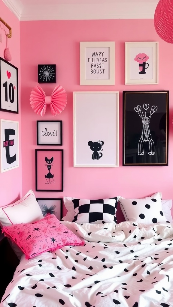 A pink bedroom with playful artwork and prints on the wall, featuring a cozy bed with polka dot bedding.