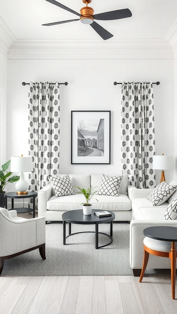 A stylish living room featuring playful black and white patterned curtains, neutral furniture, and a modern design.